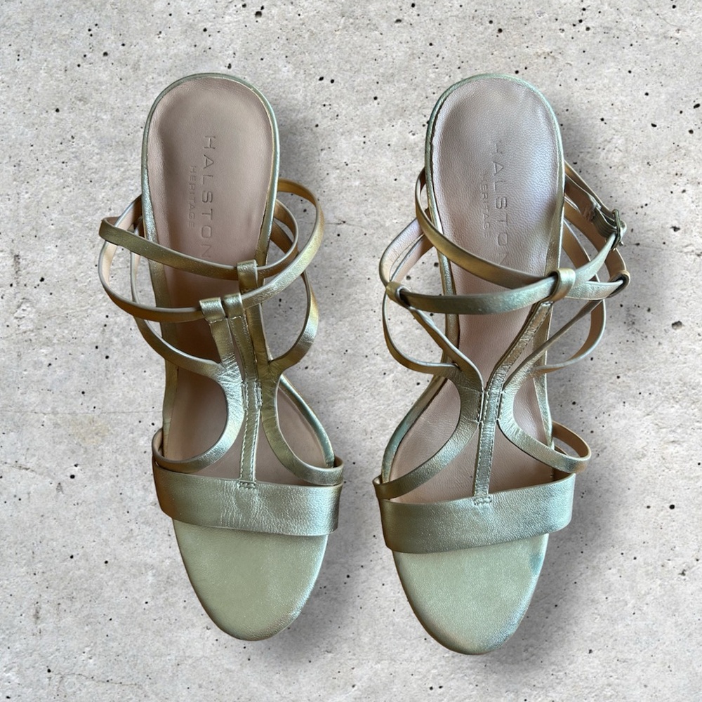 Halston Heritage Karla Gold 5 inch Heels Sandals Size 10